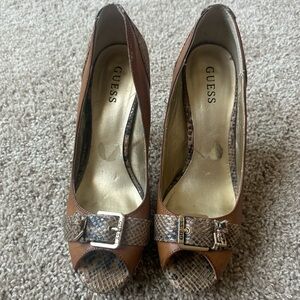Guess Brown Snakeskin Peep Toe Heels